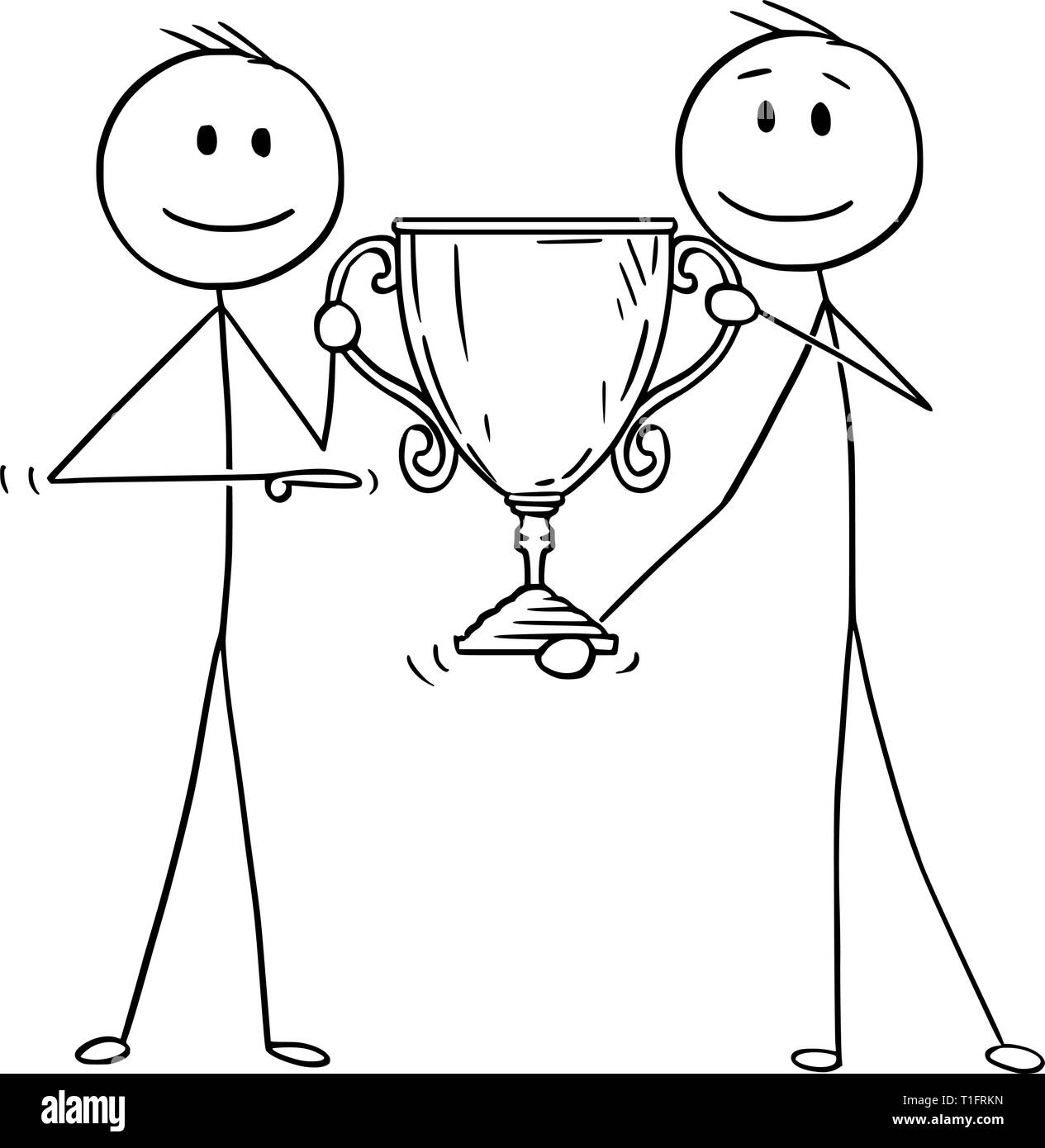 Cartoon stick figure drawing conceptual illustration of two men or businessmen holding together trophy cup for winner. Business concept of success and competition. Stock Vector