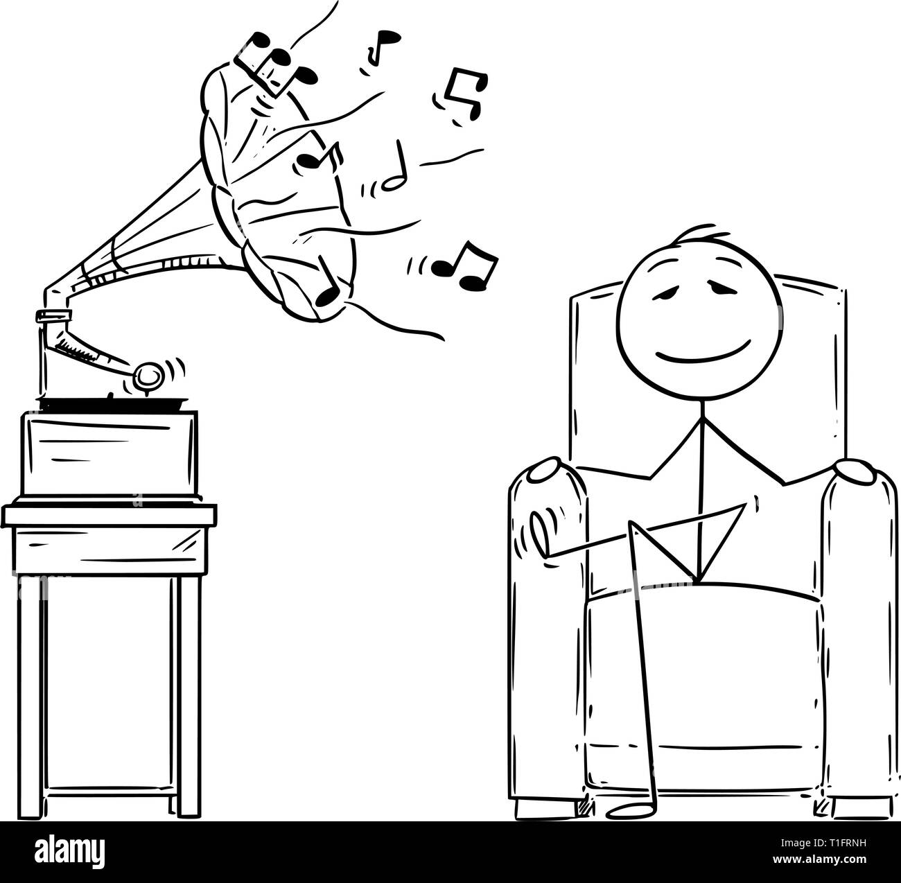 Cartoon stick figure drawing conceptual illustration of man sitting in comfortable armchair and enjoying hearing music from antique gramophone with eyes closed. Stock Vector