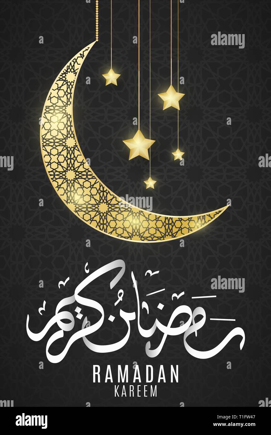 Ramadan Kareem poster. Gold moon with islamic geometric ornament. Hand drawn calligraphy. Religion Holy Month. Gold 3d stars hang. Eid Mubarak. Vector Stock Vector