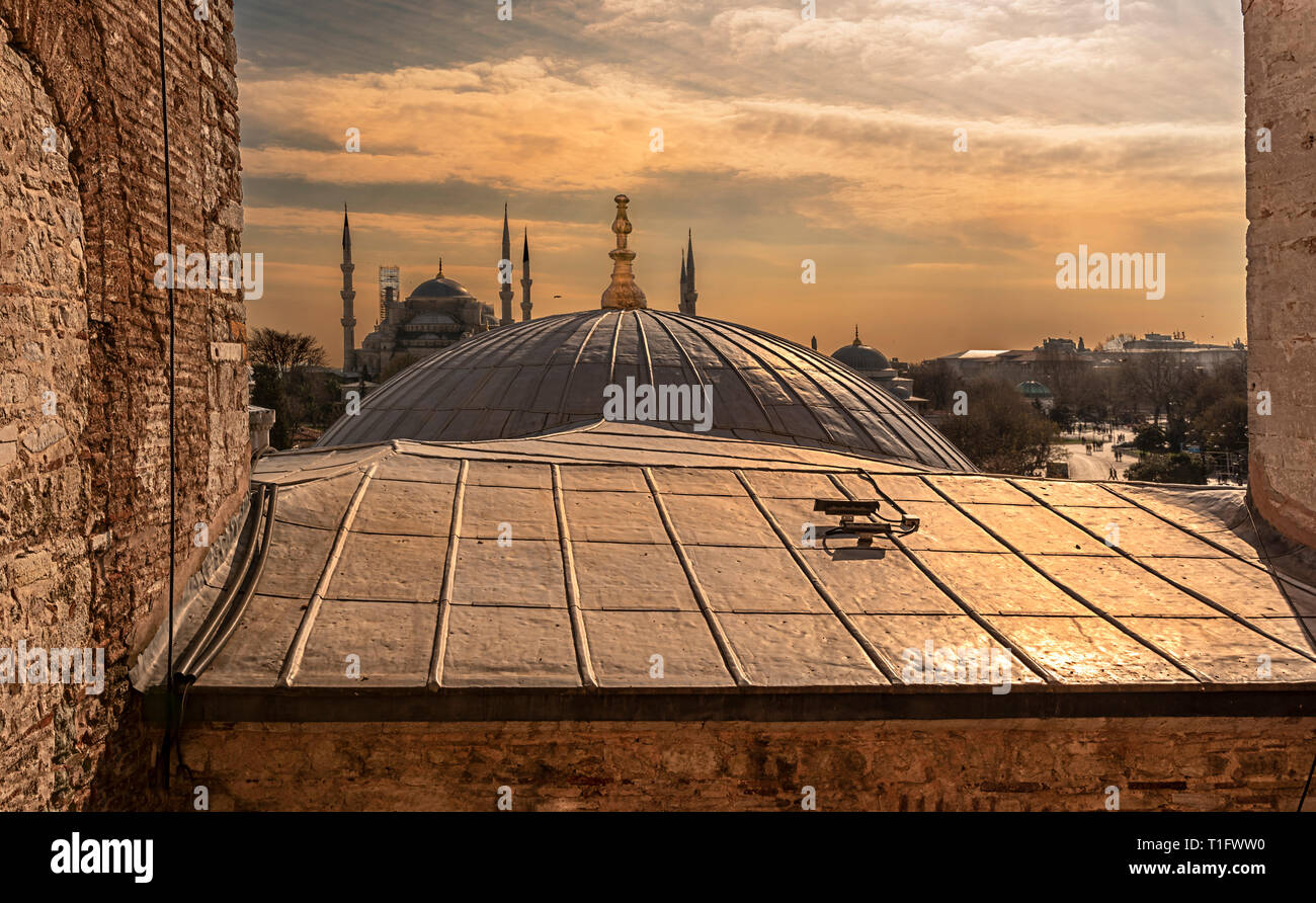 The dome of the Hagia Sophia and the mosque in Sultanahmet,istanbul ...