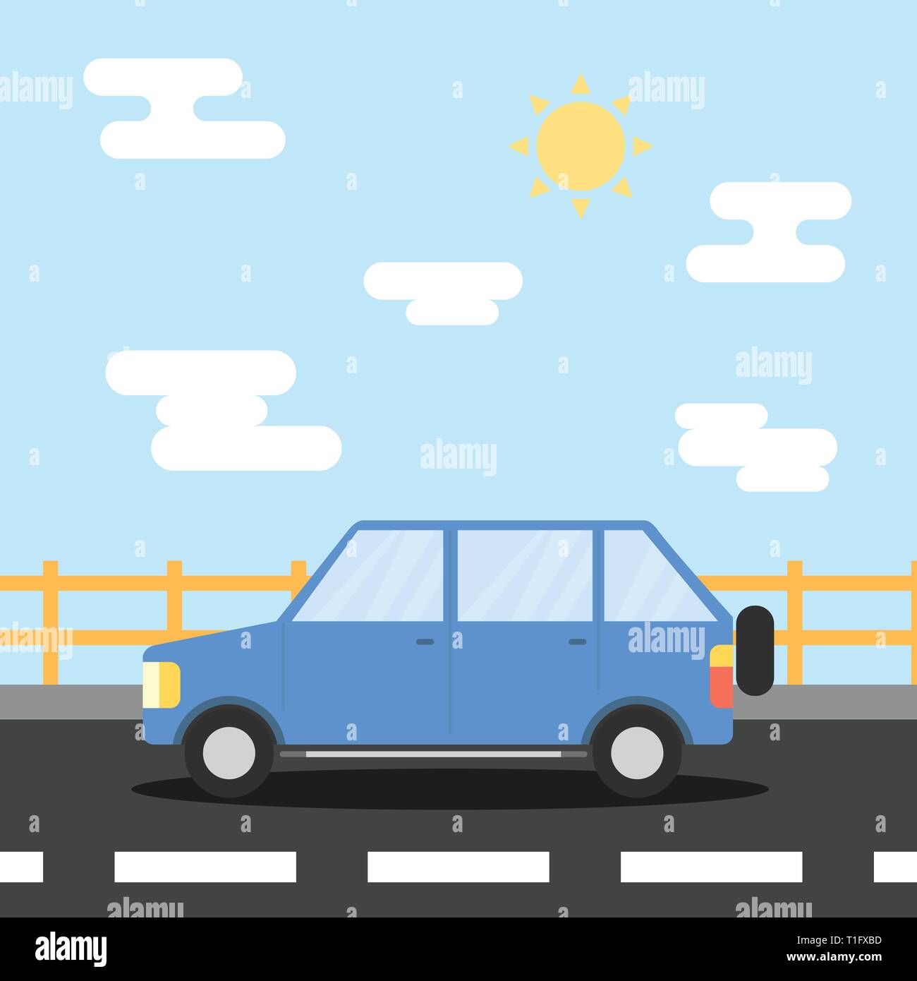 illustration car riding at bridge with sunny weather have cloud and sun, flat design Stock Vector