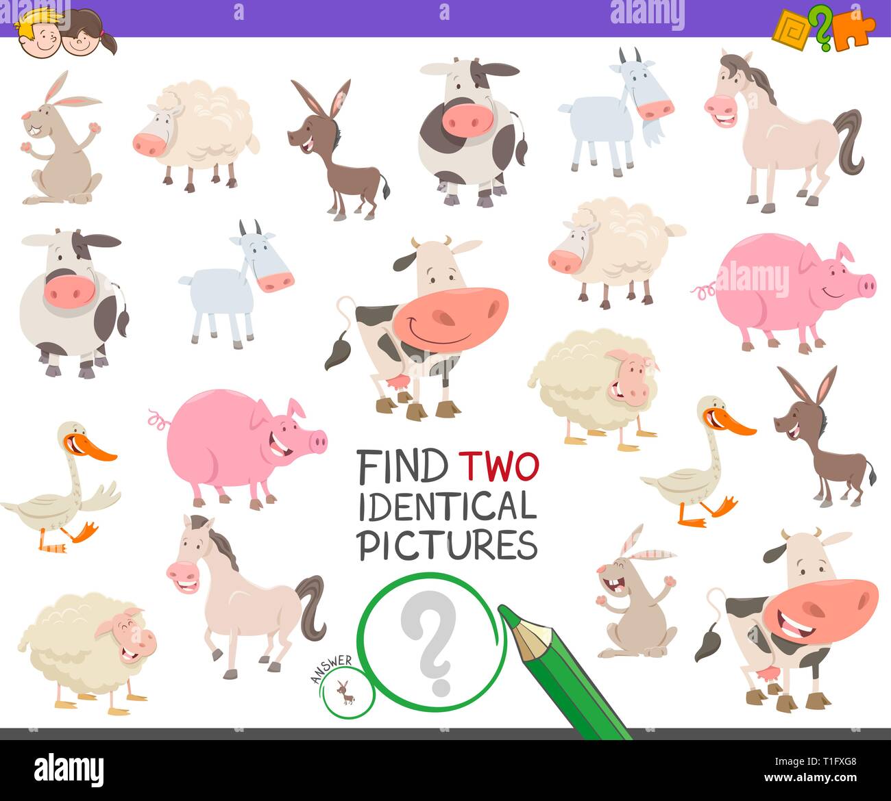 Cartoon Illustration of Finding Two Identical Pictures Educational Game ...