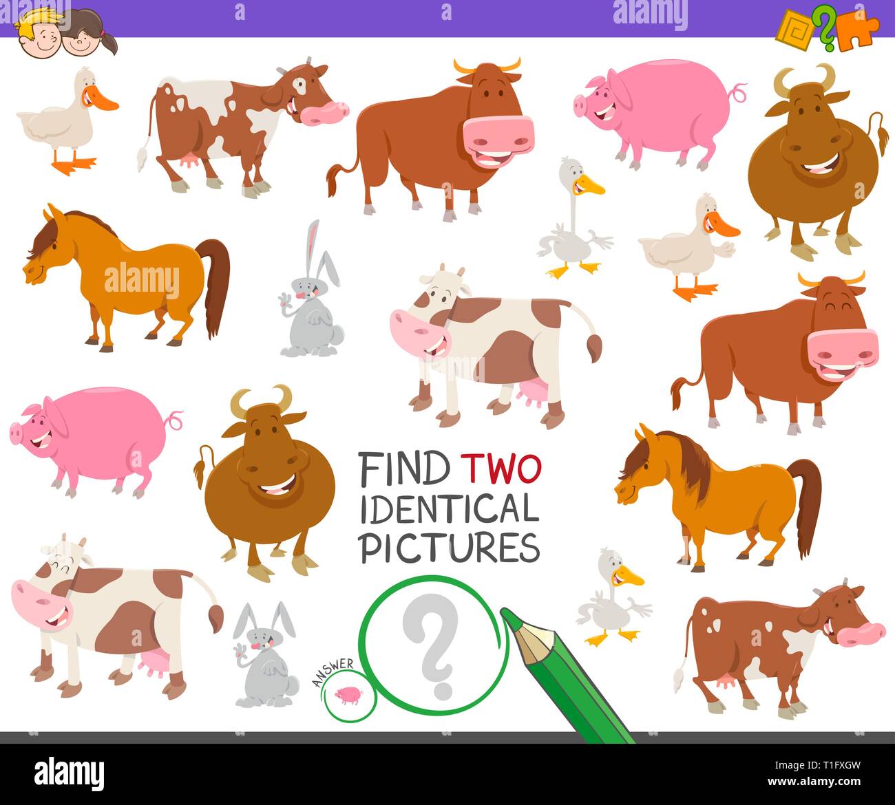 Cartoon Illustration of Finding Two Identical Pictures Educational Game ...