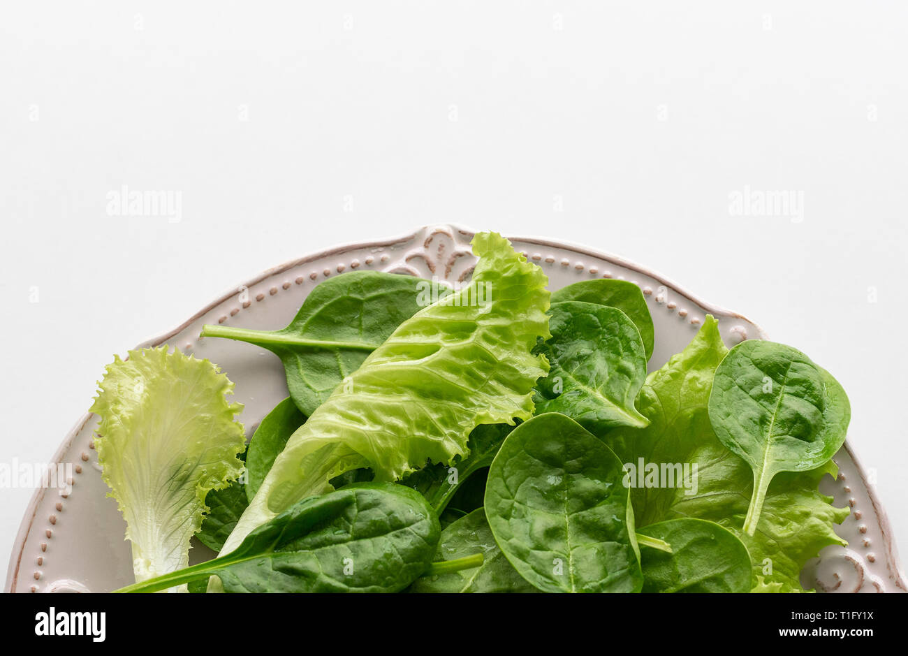 A mixture of spinach leaves and salana leaves on a plate. Selective focus, white background Stock Photo