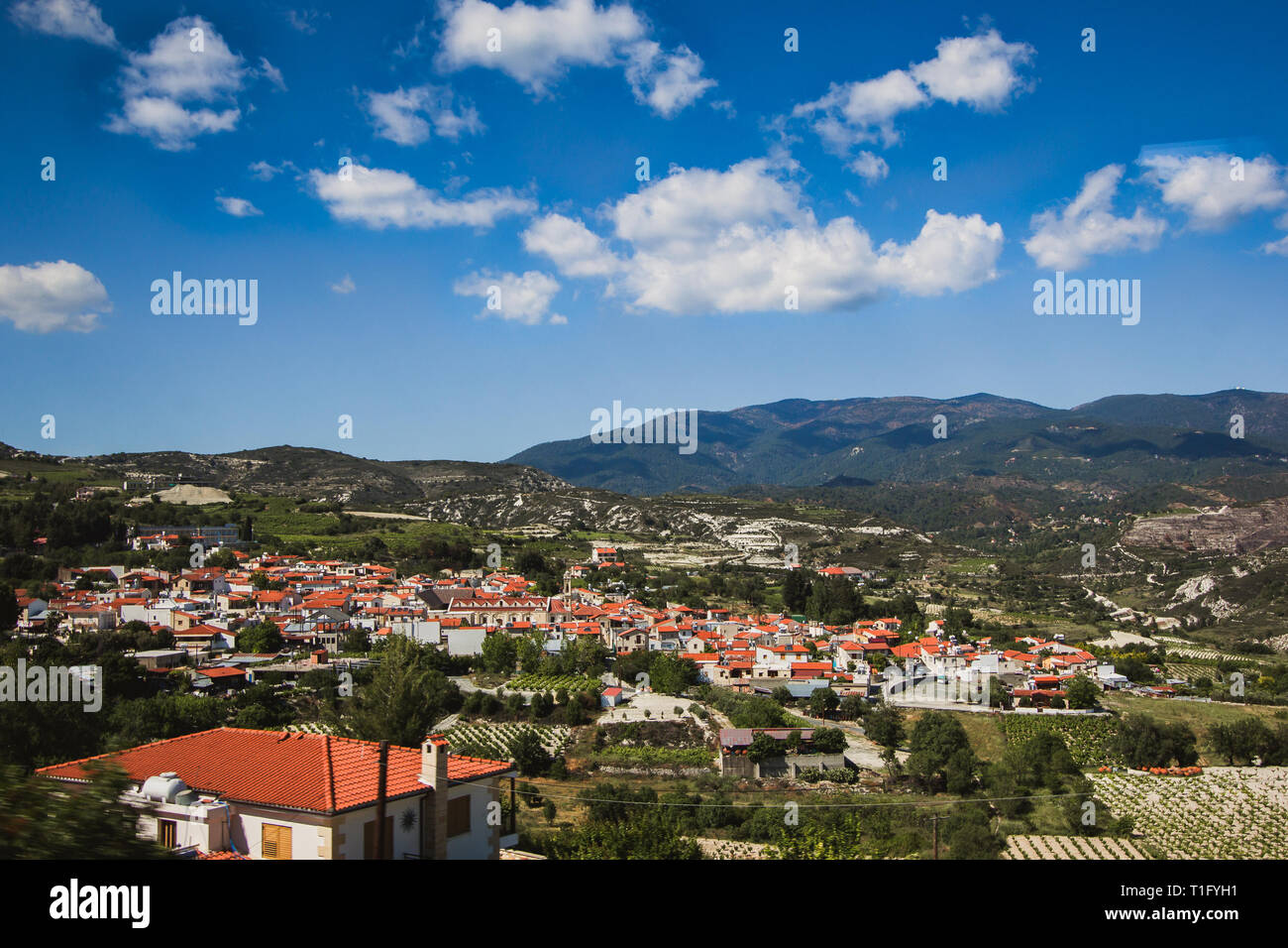 Orange roofs. Panoramic view near of Kato Lefkara - is the most famous village in the Troodos Mountains. Limassol district, Cyprus, Mediterranean Sea Stock Photo