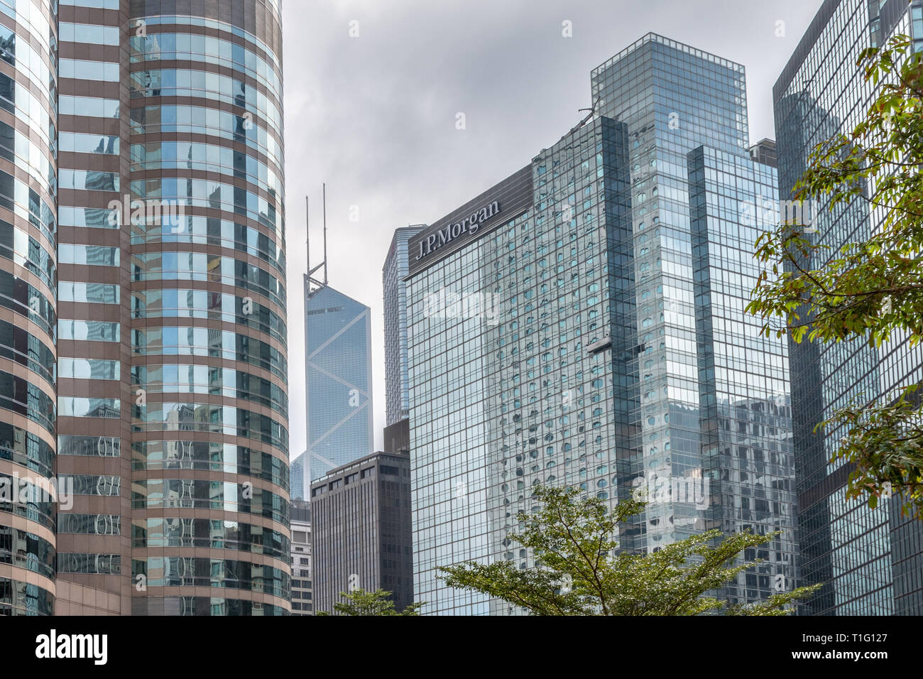 Glass Buildings, Hong Kong City Stock Photo