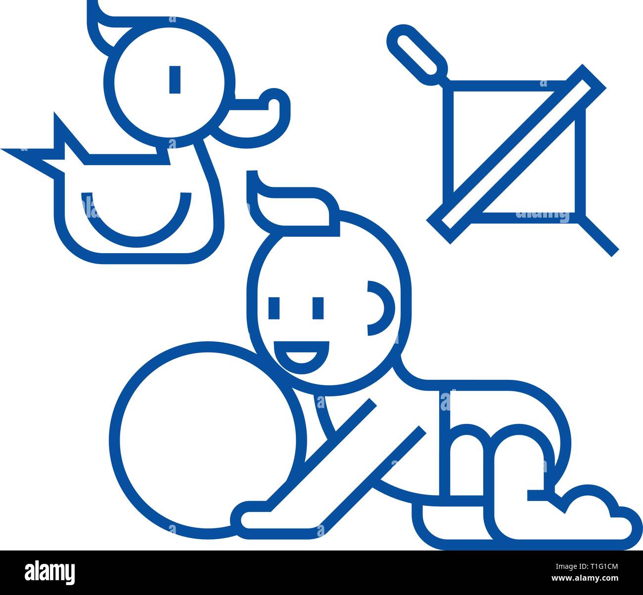 Baby playing,duck, baby, ball, whirligig line icon concept. Baby playing,duck, baby, ball, whirligig flat  vector symbol, sign, outline illustration. Stock Vector