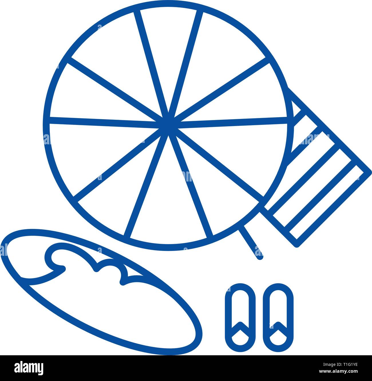 Beach umbrella and swimming board line icon concept. Beach umbrella and swimming board flat  vector symbol, sign, outline illustration. Stock Vector