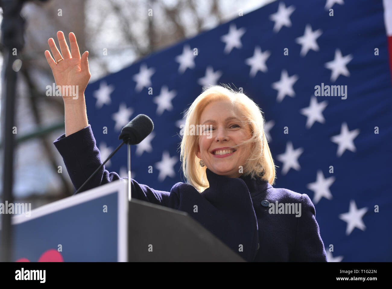 Democratic presidential candidate Sen. Kirsten Gillibrand holds campaign kickoff at Trump International Tower on March 24, 2019 in New York. Stock Photo
