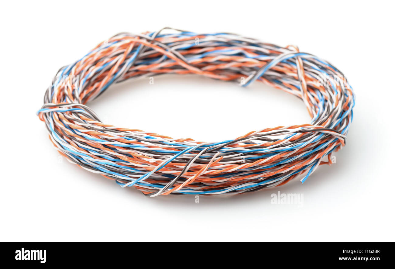 Rolled twisted pair cable isolated on white Stock Photo