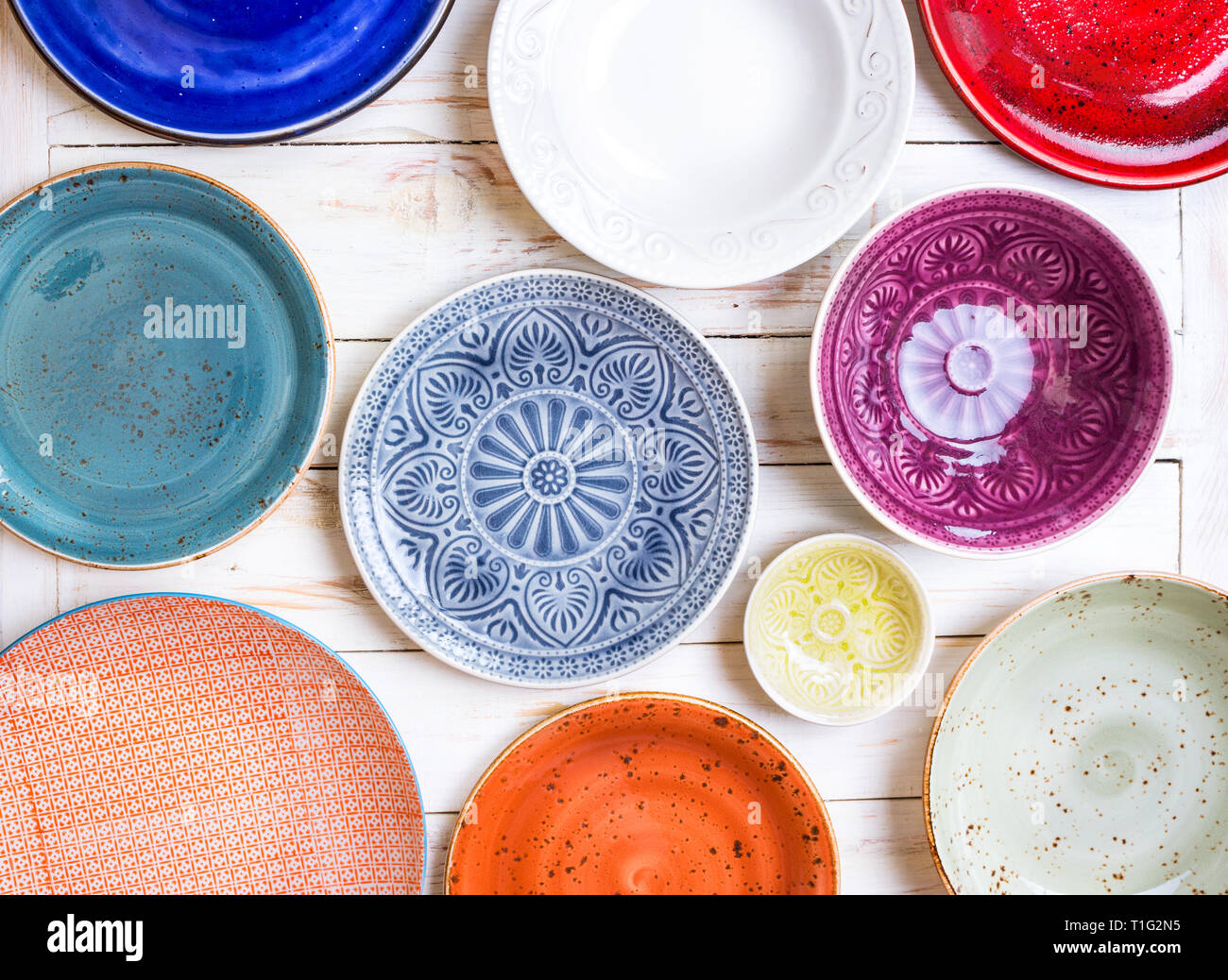 Set of different empty plates Stock Photo