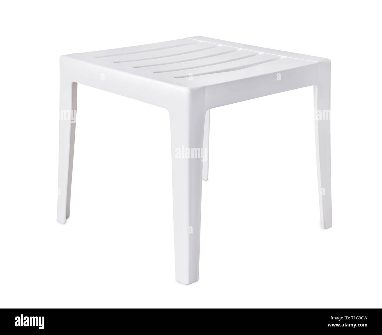 White plastic patio side table isolated on white Stock Photo