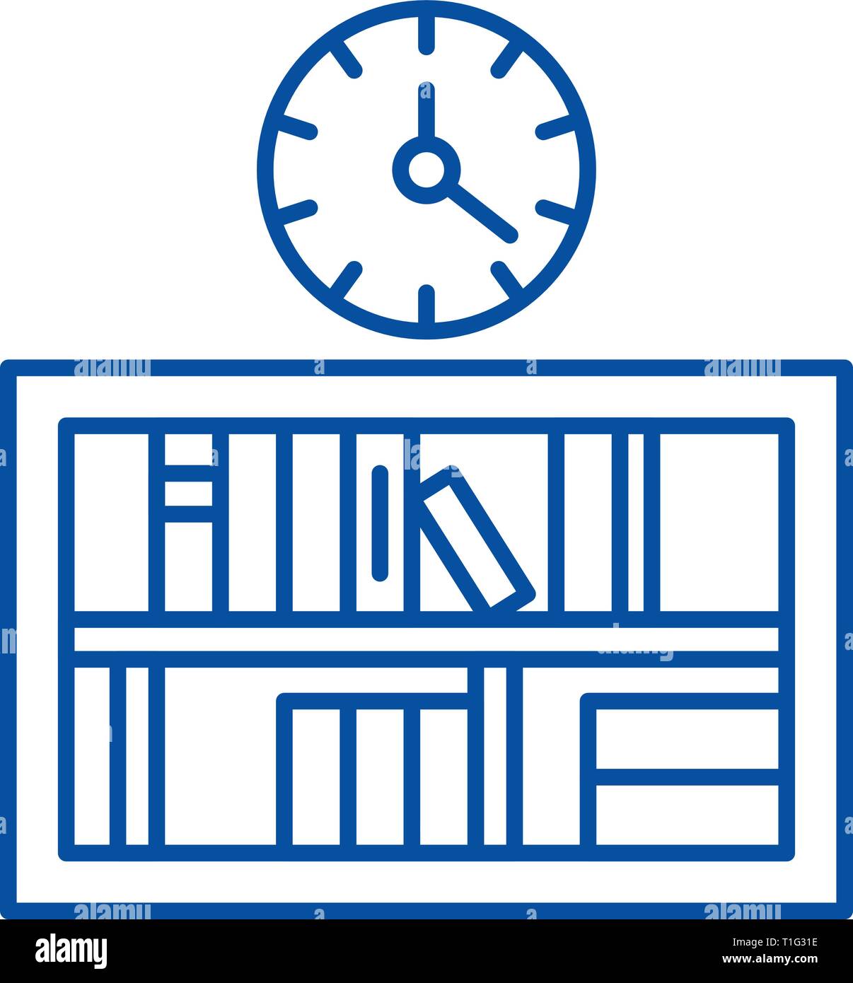 Bookshelf with clock line icon concept. Bookshelf with clock flat ...