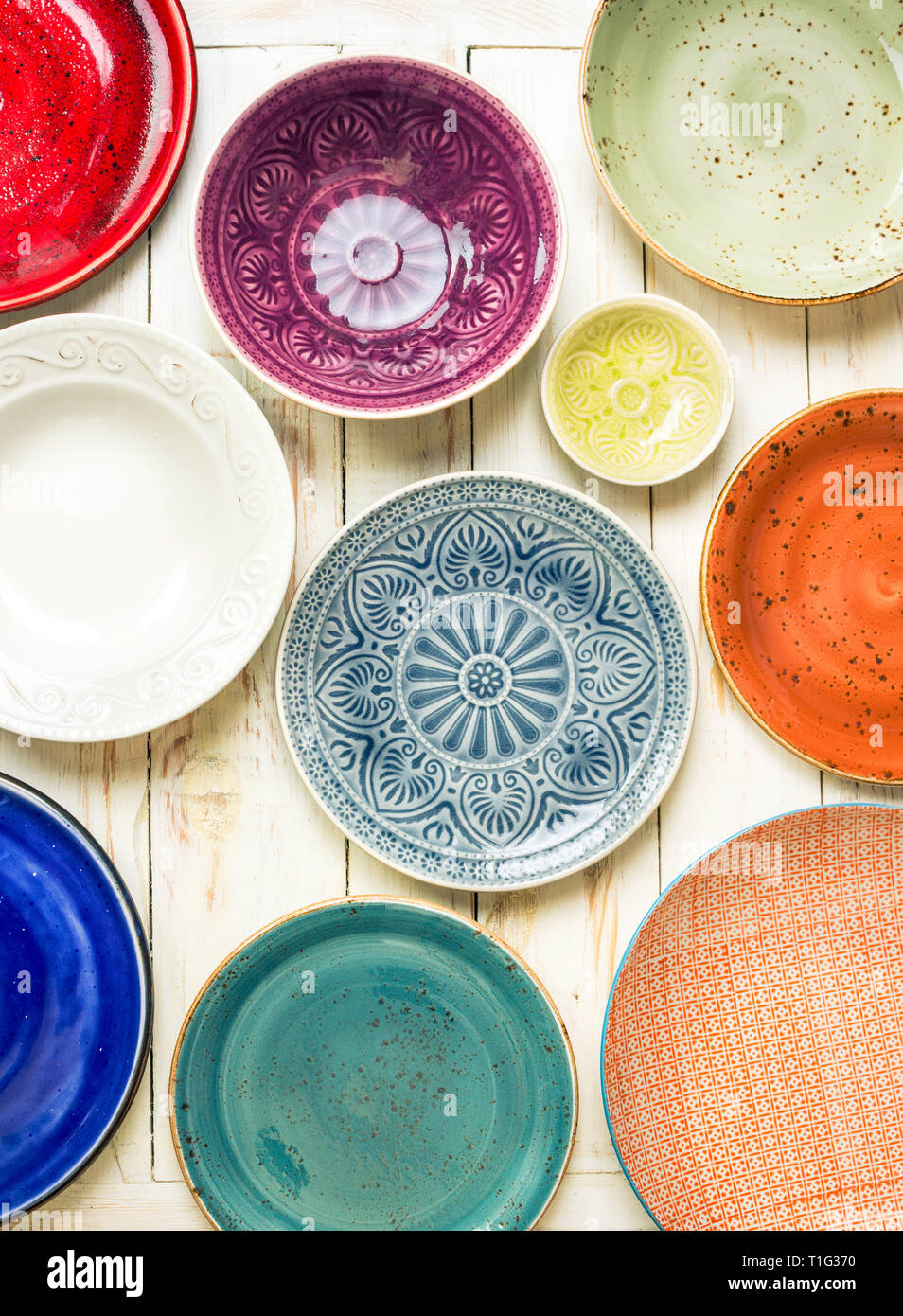 Set of different empty plates Stock Photo
