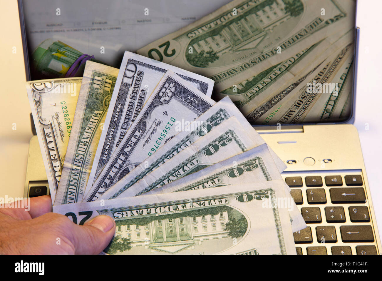 buying and selling with dollars and euros online, Stock Photo