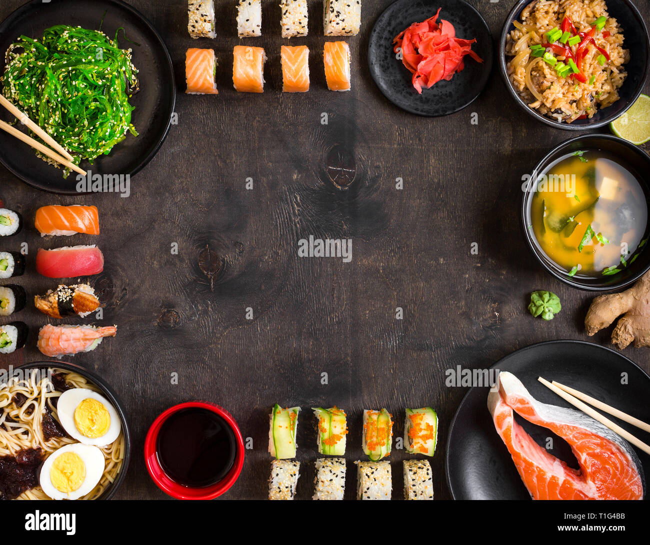 Sushi and japanese food on dark background Stock Photo - Alamy