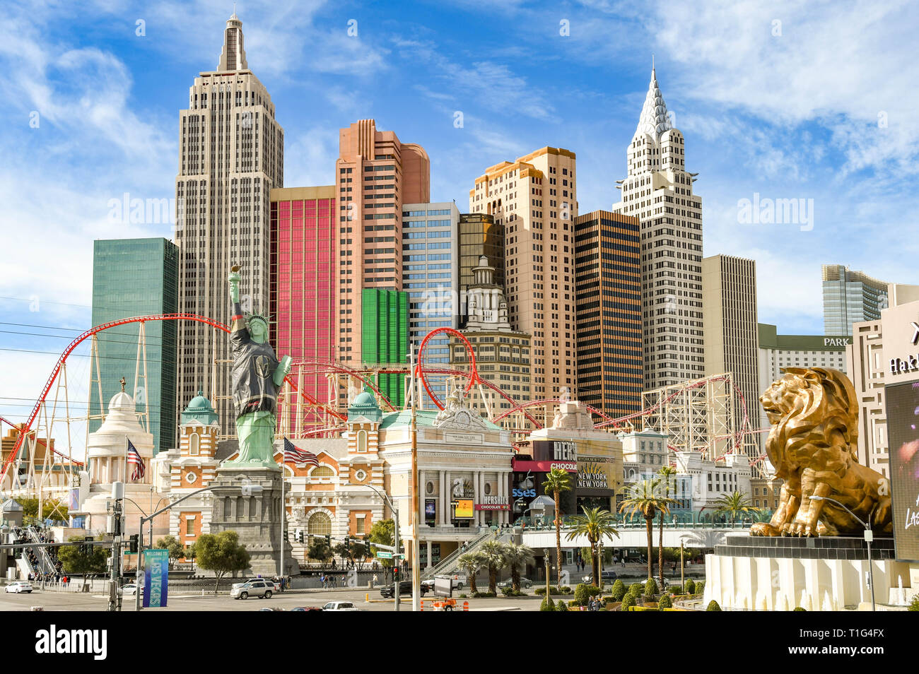 LAS VEGAS, NV, USA - FEBRUARY 2019: Wide angle view of the New York New York Hotel in Las Vegas. On the right is a large statue of a lion outside the  Stock Photo