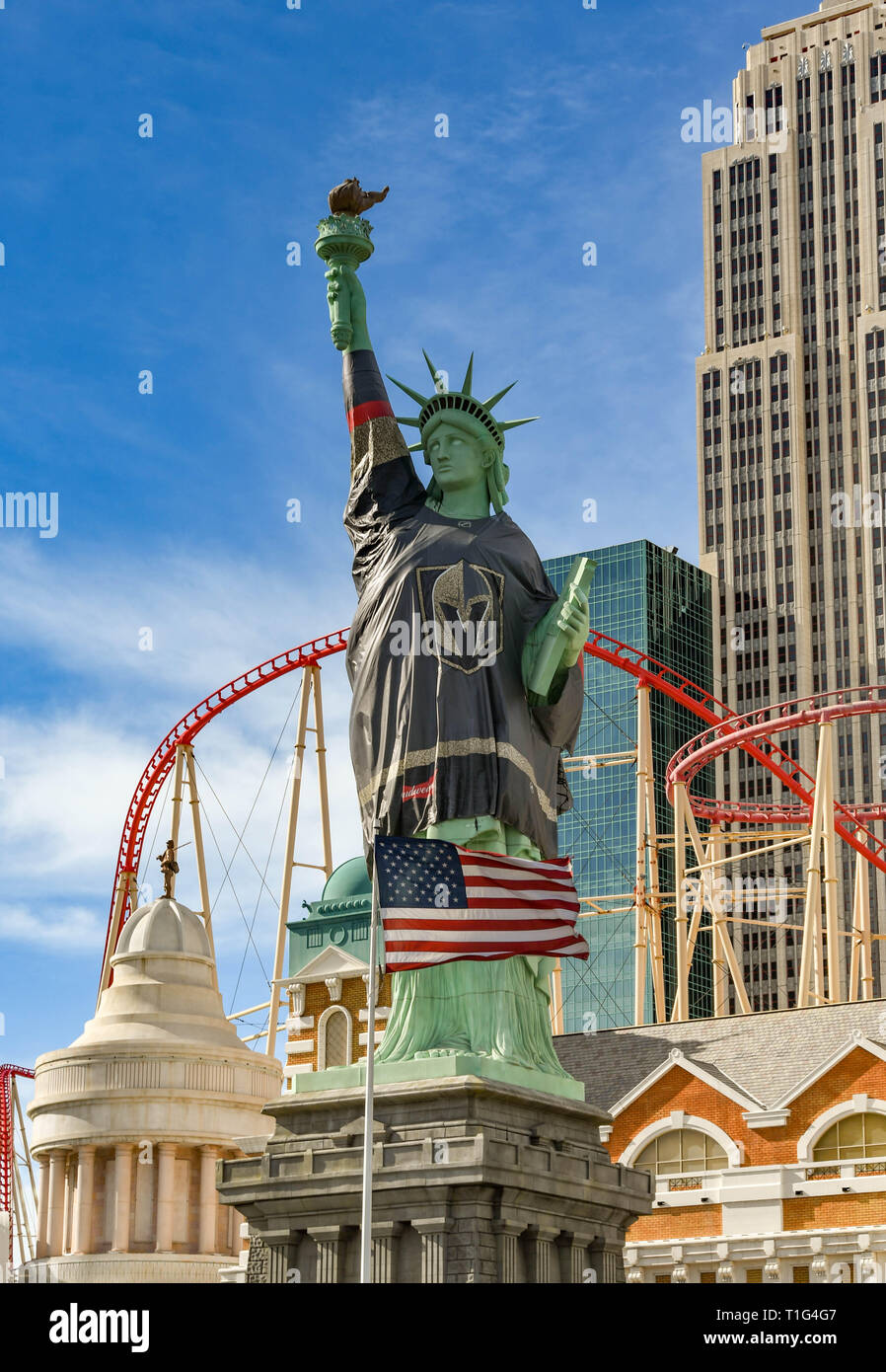 LAS VEGAS, NV, USA - FEBRUARY 2019: The replica Statue of Liberty outside the New York New York Hotel in Las Vegas. It is draped in the shirt of the G Stock Photo