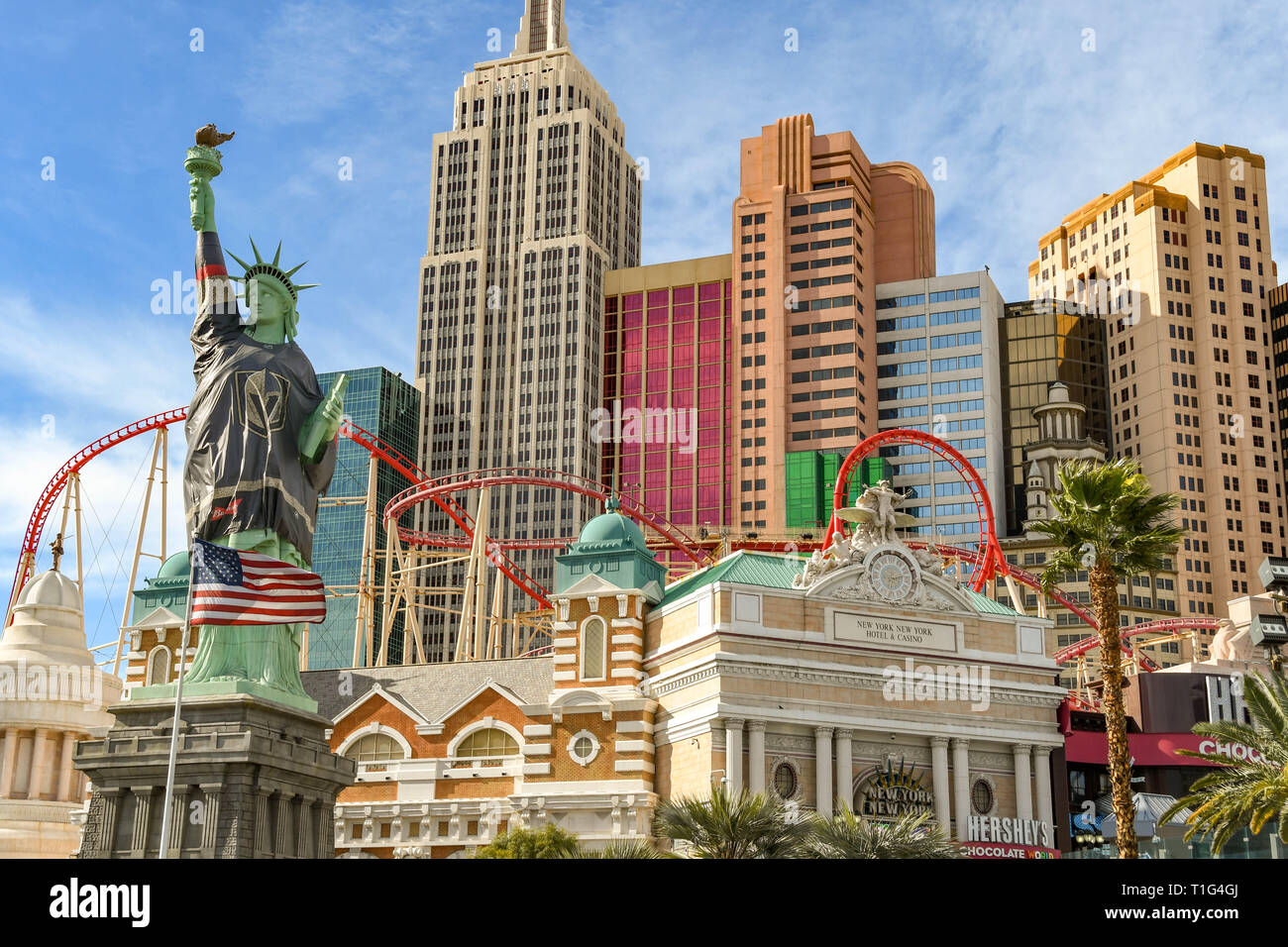 LAS VEGAS, NV, USA - FEBRUARY 2019: Wide angle view of the New York New York Hotel in Las Vegas. It is draped in the shirt of the Golden Knights ice h Stock Photo