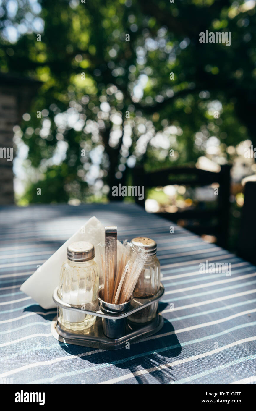 Close up white table setting in restaurant Stock Photo