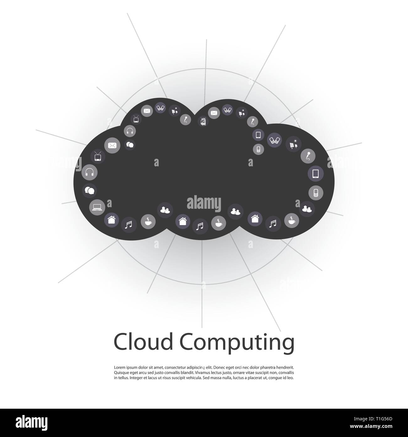 Black and White Networks, IoT, Technology and Cloud Computing Concept Design with Icons - Illustration in Editable Vector Format Stock Vector