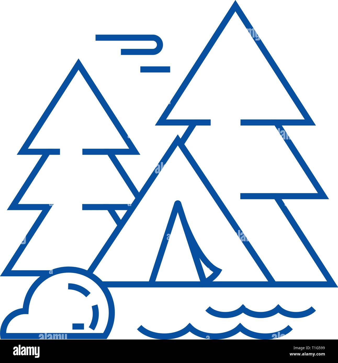 Camping tent in forest line icon concept. Camping tent in forest flat ...