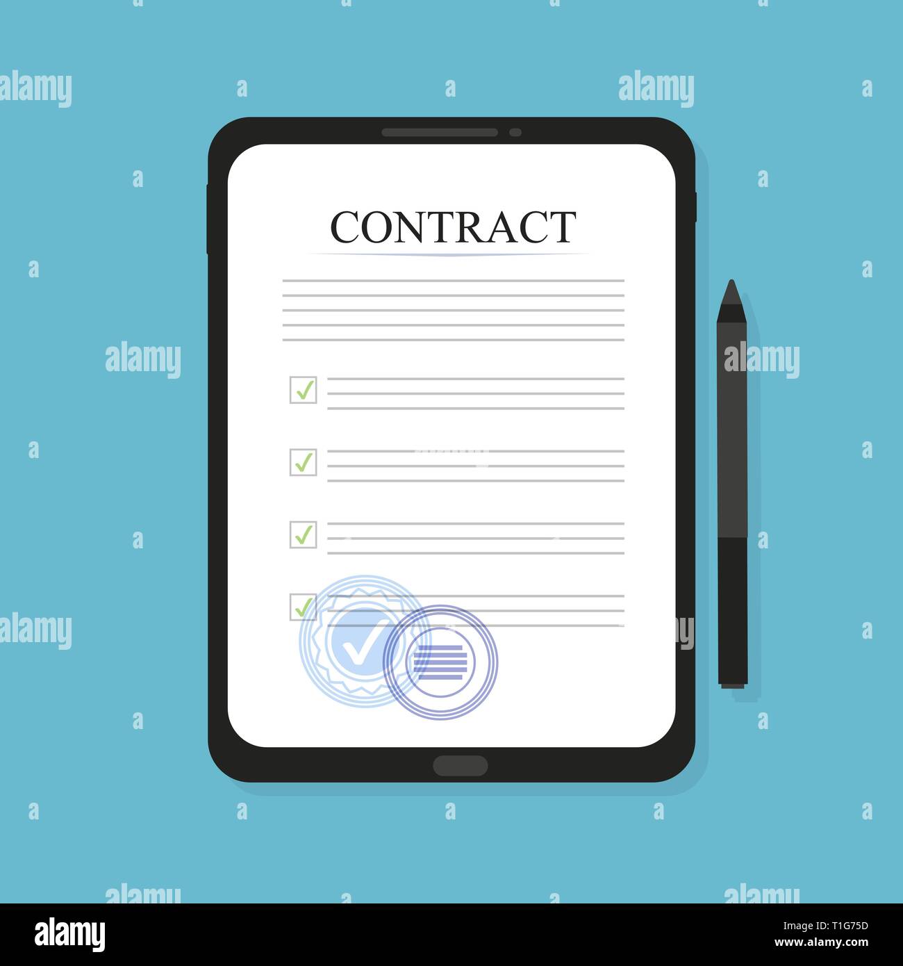 Electronic contract on the tablet, in flat style, business concept