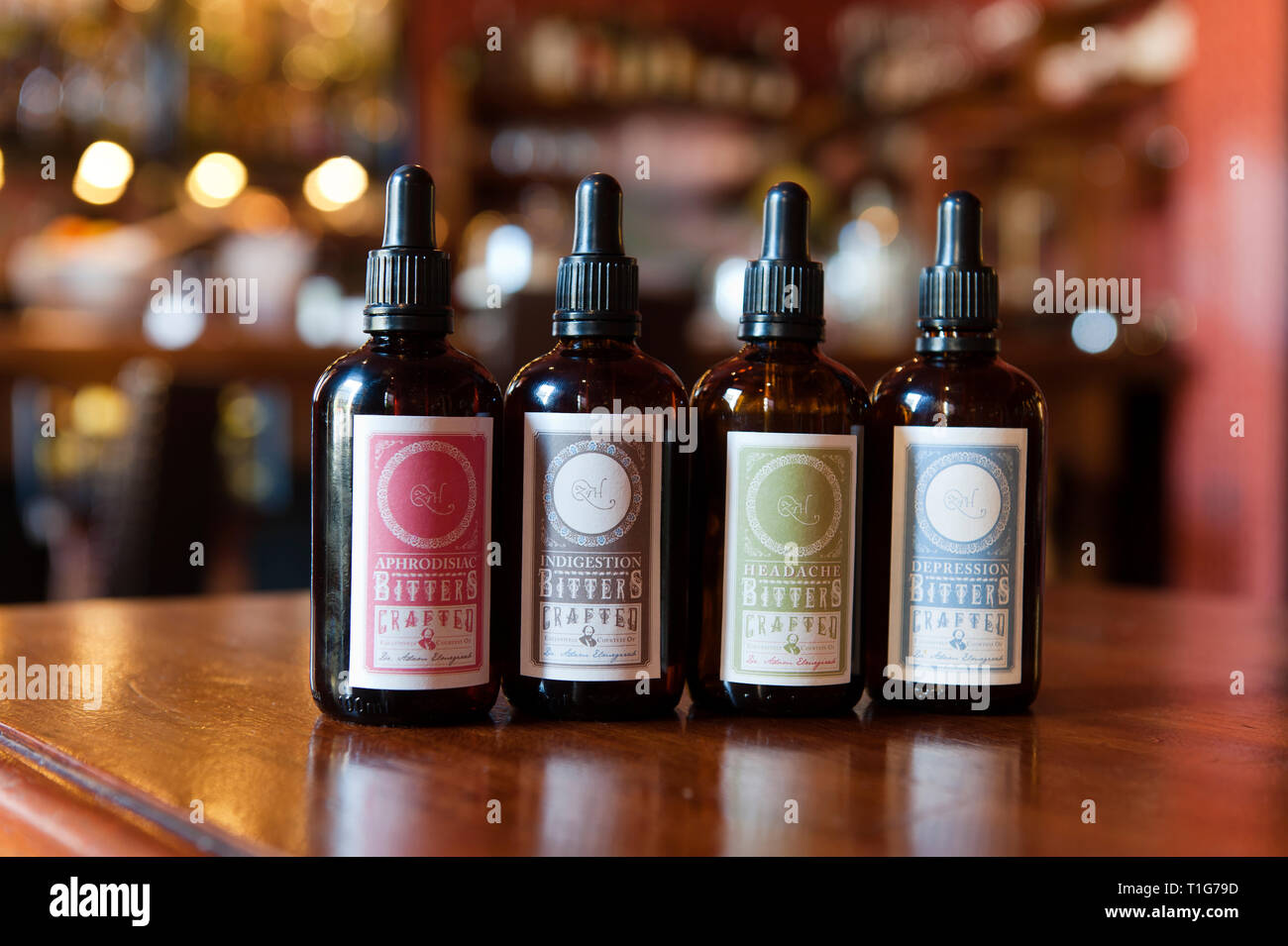 'Bottles of bitters in cocktail lounge of The Zetter Townhouse in London, England' Stock Photo