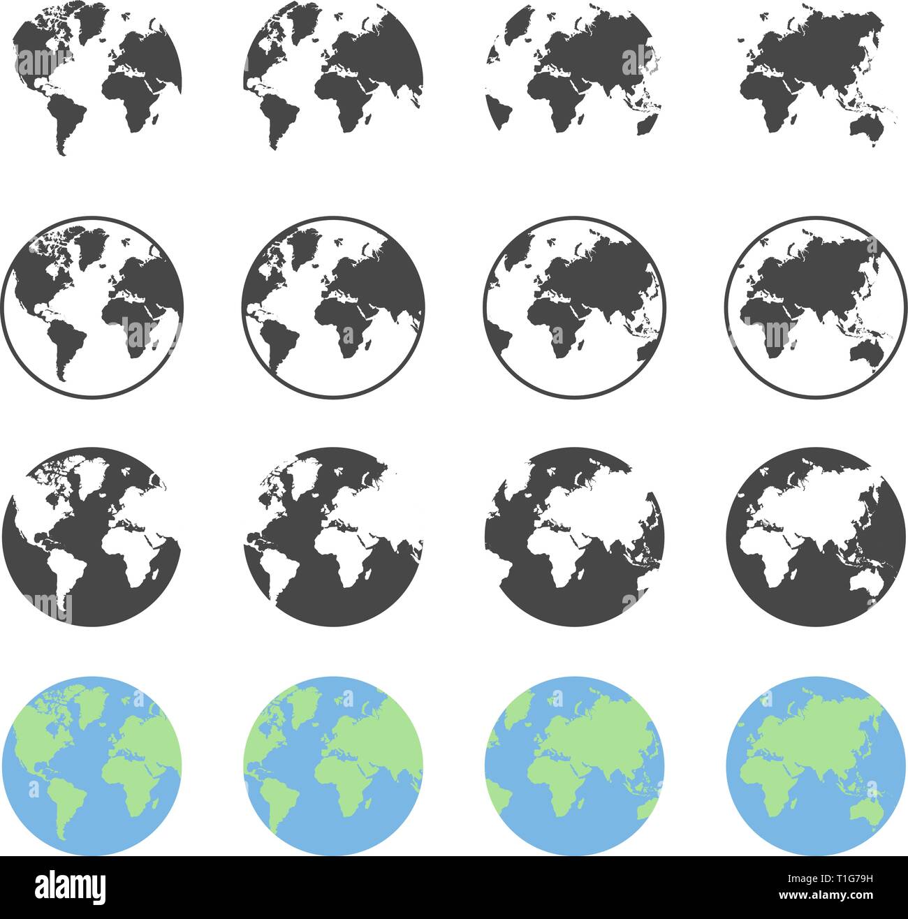 Set of earth globe icons in flat and linear design on a white ...