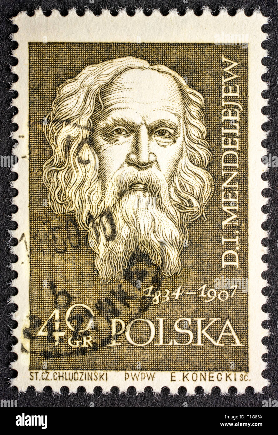Dmitri Mendeleev, Russian chemist and inventor,  portrait on a vintage, canceled post stamp from Poland (circa 1959). Stock Photo