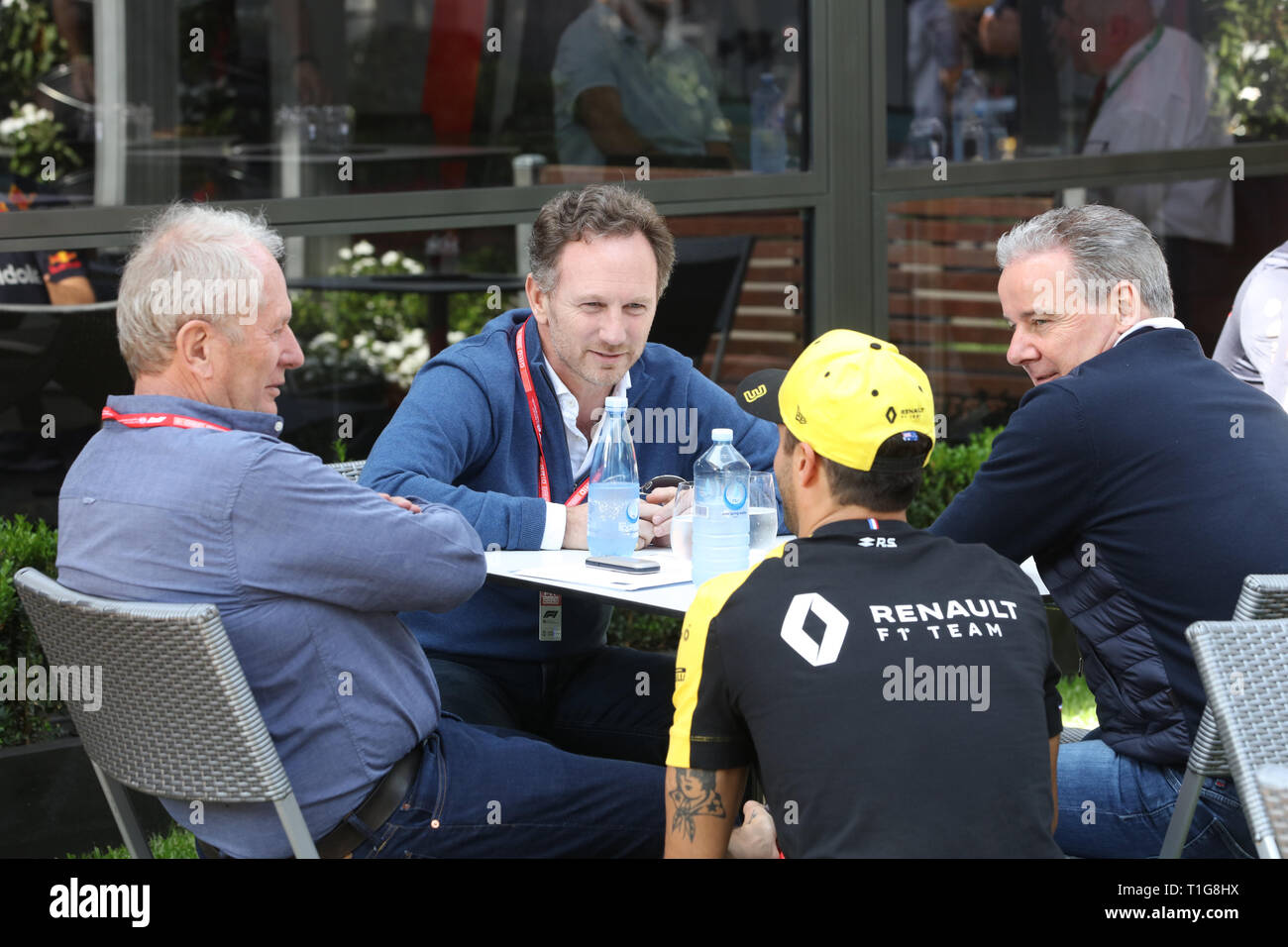 MELBOURNE, AUSTRALIA - MARCH 14: Daniel RICCIARDO of Renault Sport F1 Team talks to Christian HORNER and Helmut Marko of Red Bull Racing on day 1 of t Stock Photo
