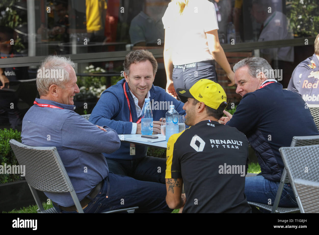 MELBOURNE, AUSTRALIA - MARCH 14: Daniel RICCIARDO of Renault Sport F1 Team talks to Christian HORNER and Helmut Marko of Red Bull Racing on day 1 of t Stock Photo