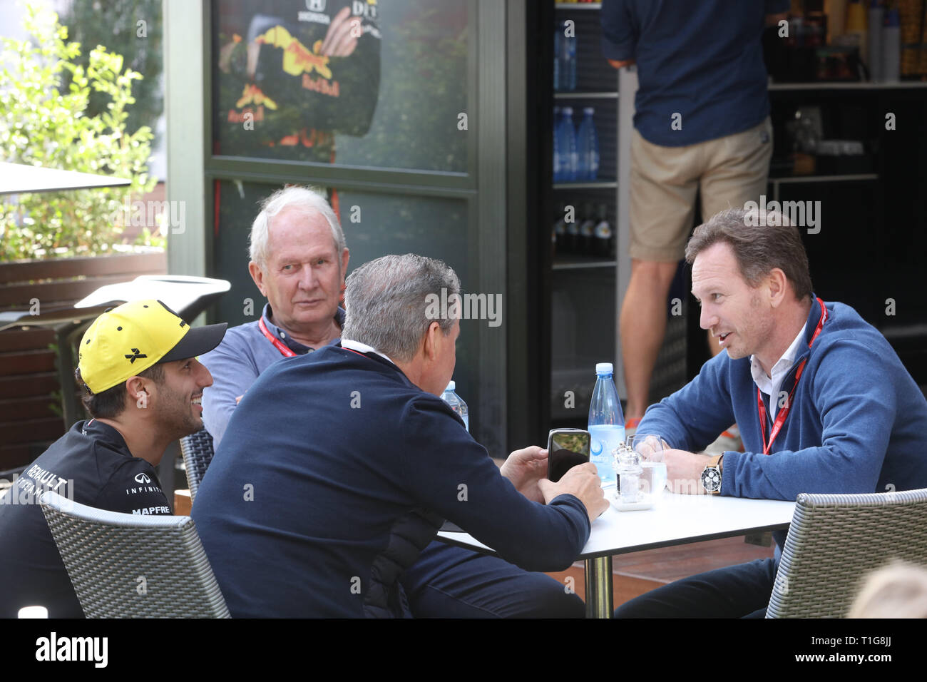 MELBOURNE, AUSTRALIA - MARCH 14: Daniel RICCIARDO of Renault Sport F1 Team talks to Christian HORNER and Helmut Marko of Red Bull Racing on day 1 of t Stock Photo