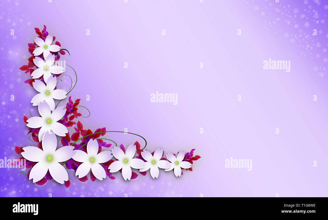 3d illustration. Bouquet of flowers isolated on lilac background. Ornament for the design of cards. Set of bulk flowers Stock Photo