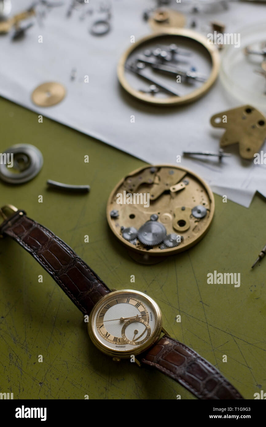 The drawings and tools used by master horologist George Daniels pictured in his workshop in the grounds of his home in Ramsey Isle of Man. Mr Daniels has been making watches for