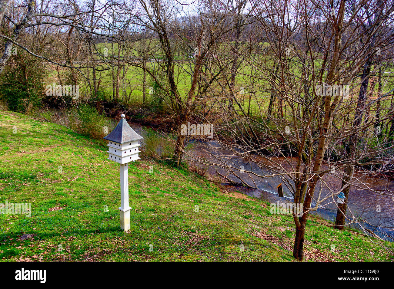 A white Birdhouse stands on a post along the banks of the Leiper's Fork Creek in the Village of Leiper's Fork, Tennesse Stock Photo