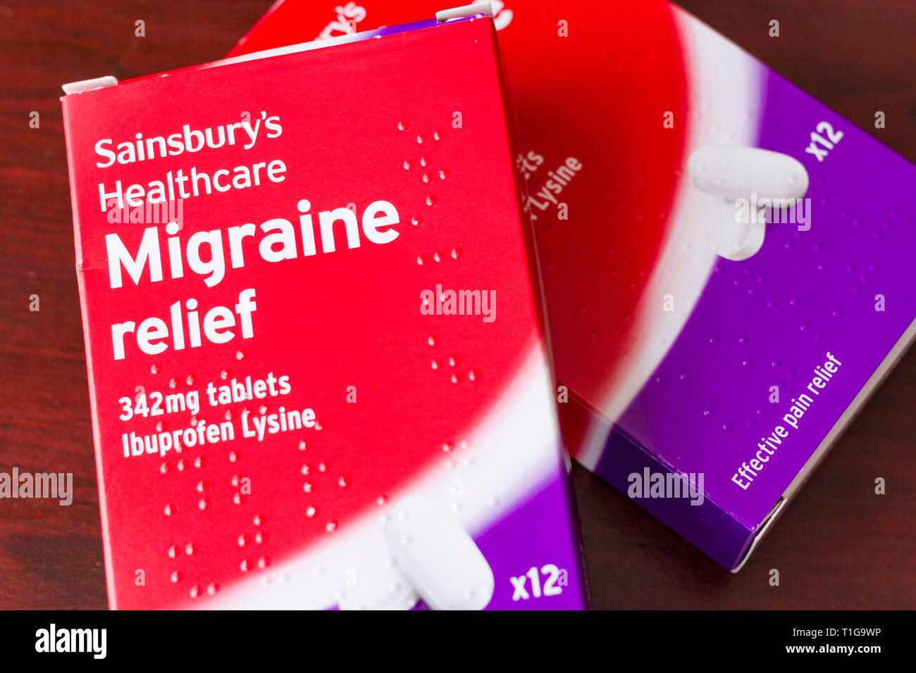 Photograph of Two boxes of migraine relief tablets by Sainsburys