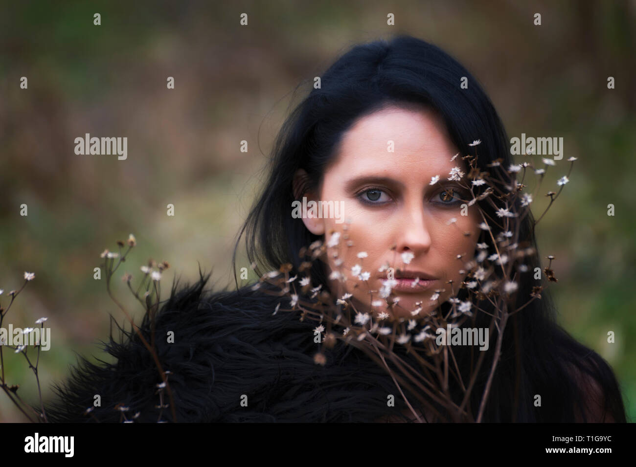 Close-up porait of a stunning woman with black hair behind a wild baby's breath plant. Stock Photo