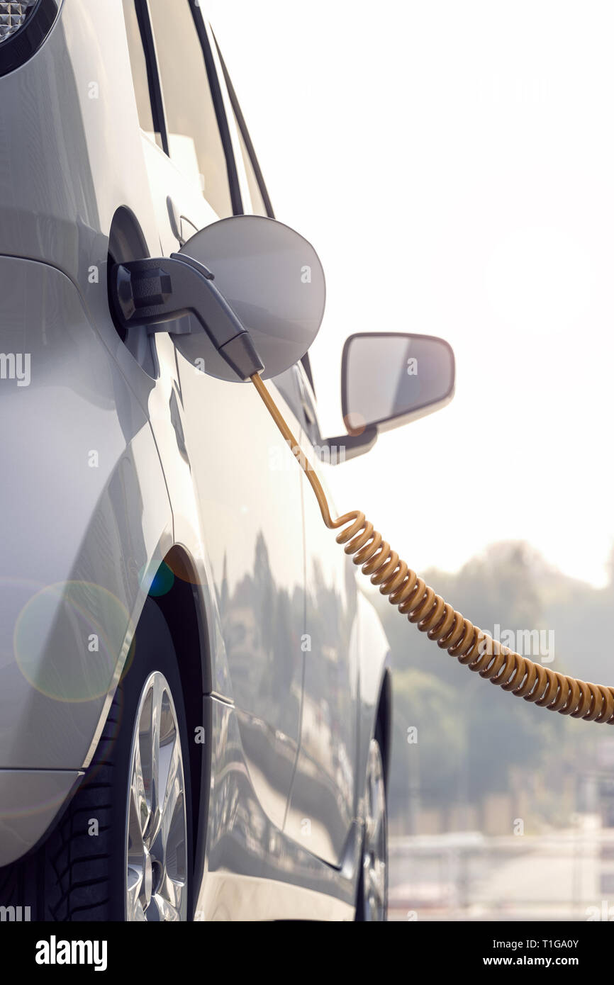 3d rendering of Electric car or vehicle at charging station charges battery with cable or charger for ecological range and sustainable energy Stock Photo
