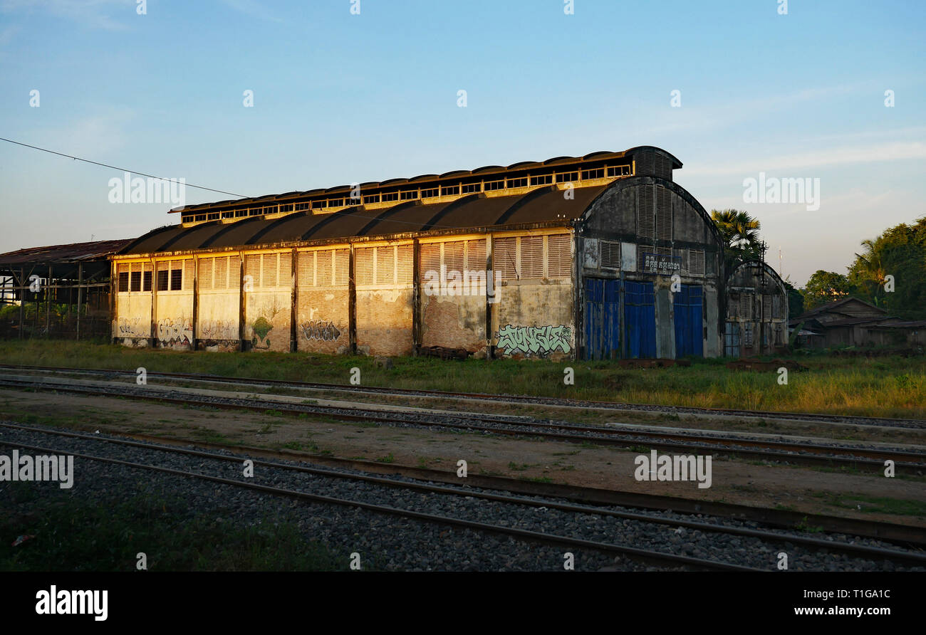 The famous old locomotive shed at Battambang train station. It is said to house ancient steam locomotives. Early morning. Cambodia. Dec 2018 Stock Photo
