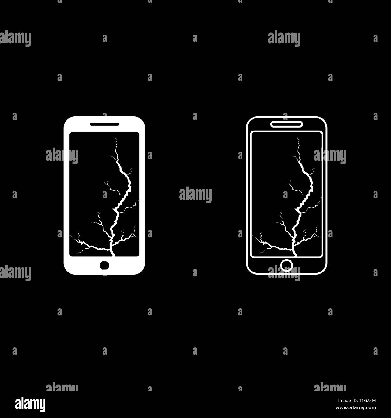 Smartphone with crack on display Broken modern mobile phone Shattered smartphone screen Phone with broken matrix of screen Cell phone with cracked Stock Vector