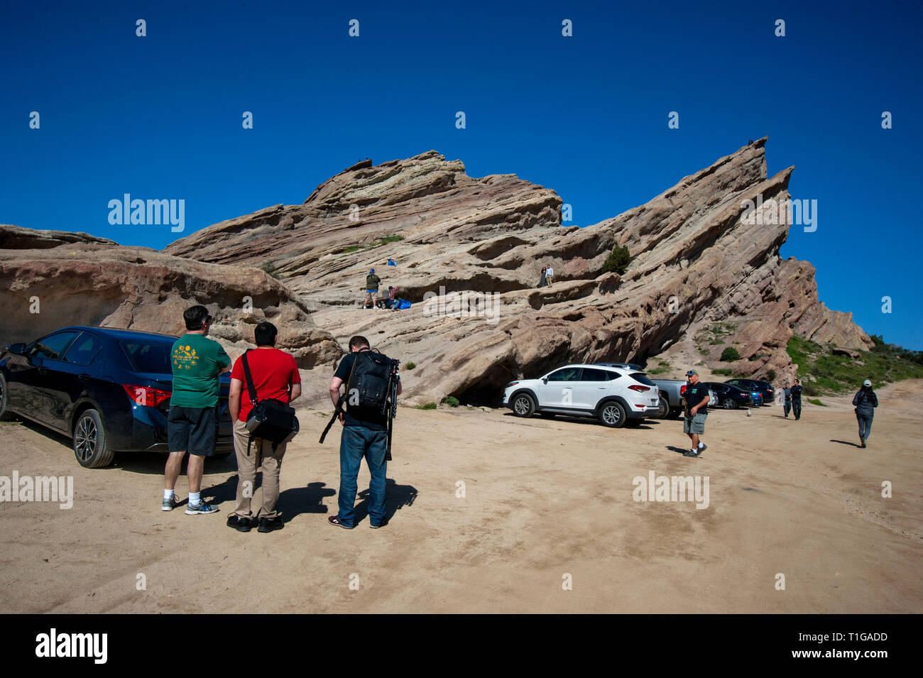 People visiting Vasquez Rocks near Agua Dulce in the Antelope Valley area of Southern California. Stock Photo