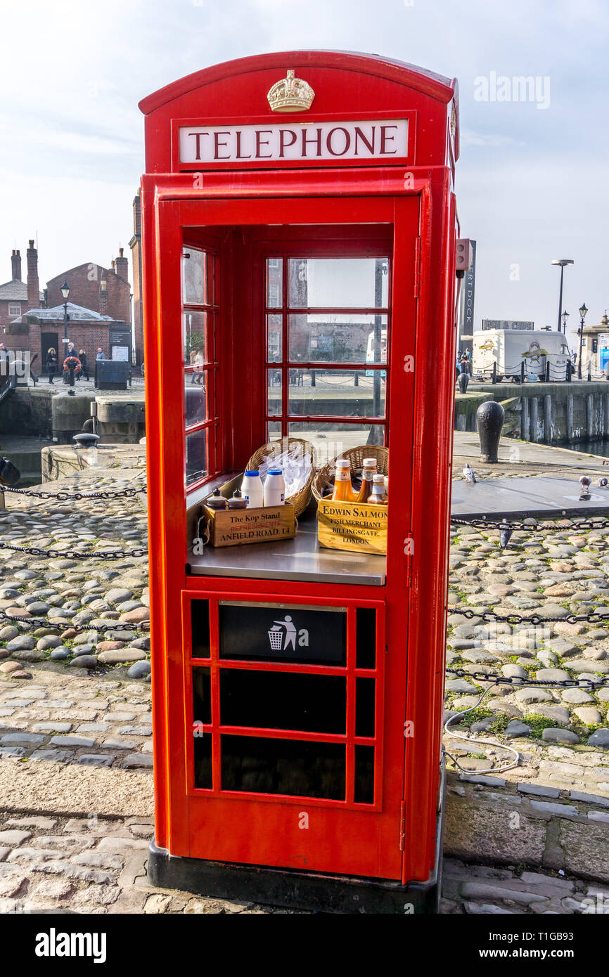 Telephone box being used as food kiosk, Albert docks, Liverpool
