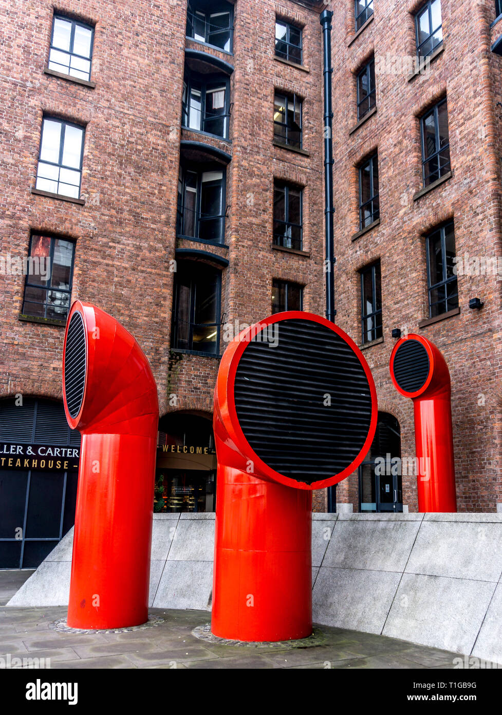 Air ventilation, Red funnels at albert dock, Liverpool, England, UK. Stock Photo