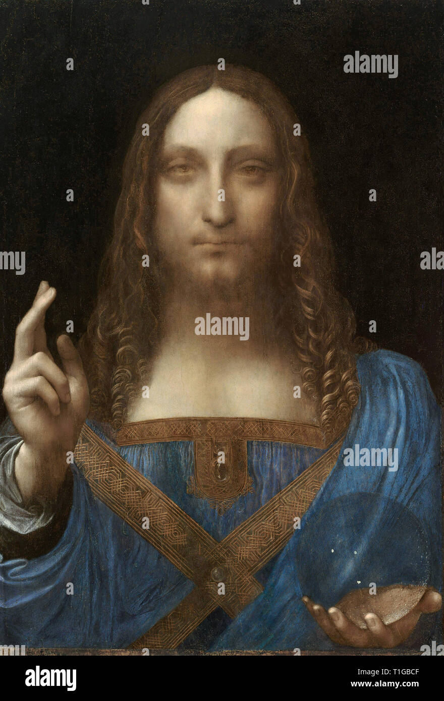 Jesus Christ attributed to Leonardo da Vinci, "Salvator Mundi," circa 1500, oil on walnut, 45.4