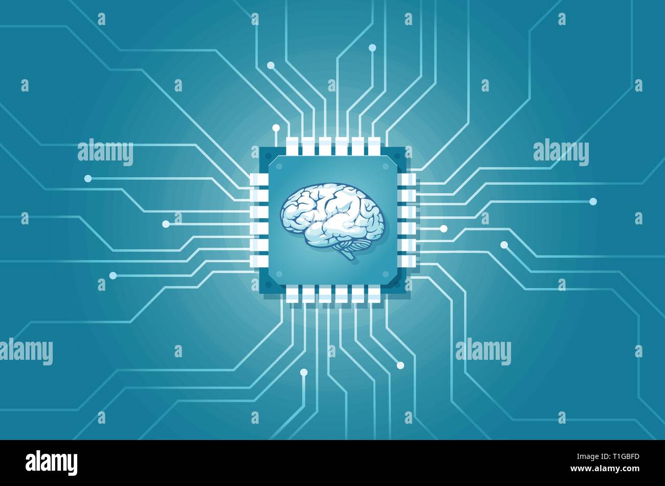 Artificial intelligence machine learning technology integration in human life concept. Vector of a computer circuit implanted in human brain. Stock Vector