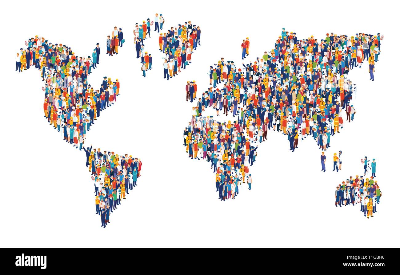 Vector of crowd of multicultural people composing a world map on white background Stock Vector