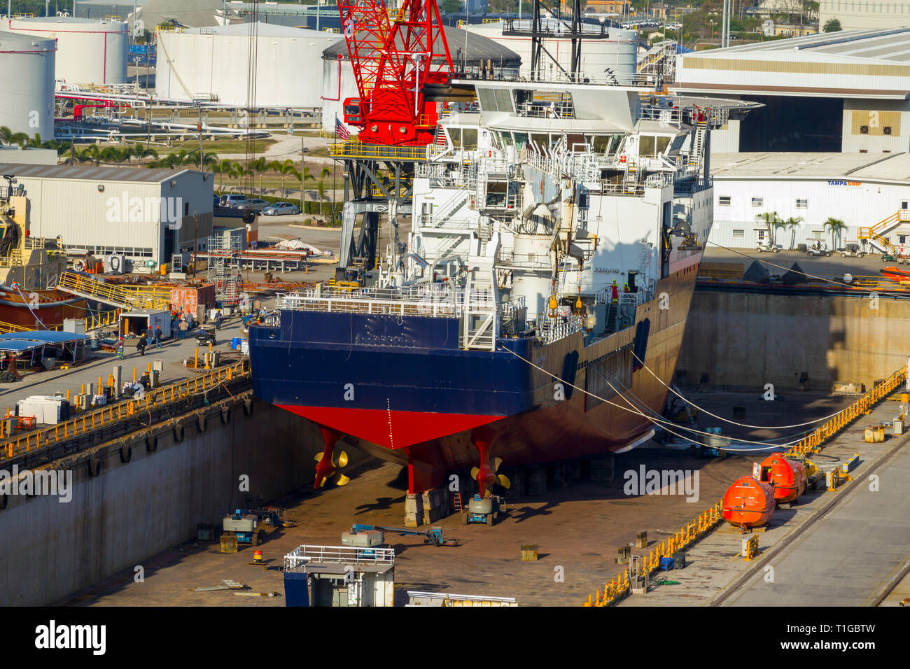 Ship in dry dock for repairs and maintenance Tampa Florida A dry dock (sometimes drydock or