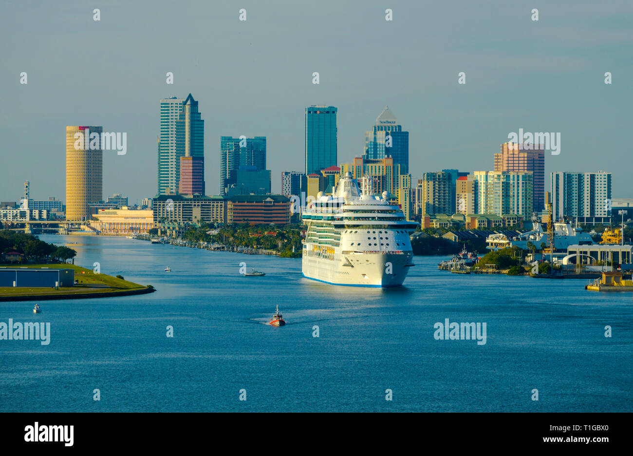 Tampa Florida skyline from the deck of a departing cruise ship on the Hillsbourough River in Tampa Bay with cruise ship Royal Caribbean Brilliance of Stock Photo