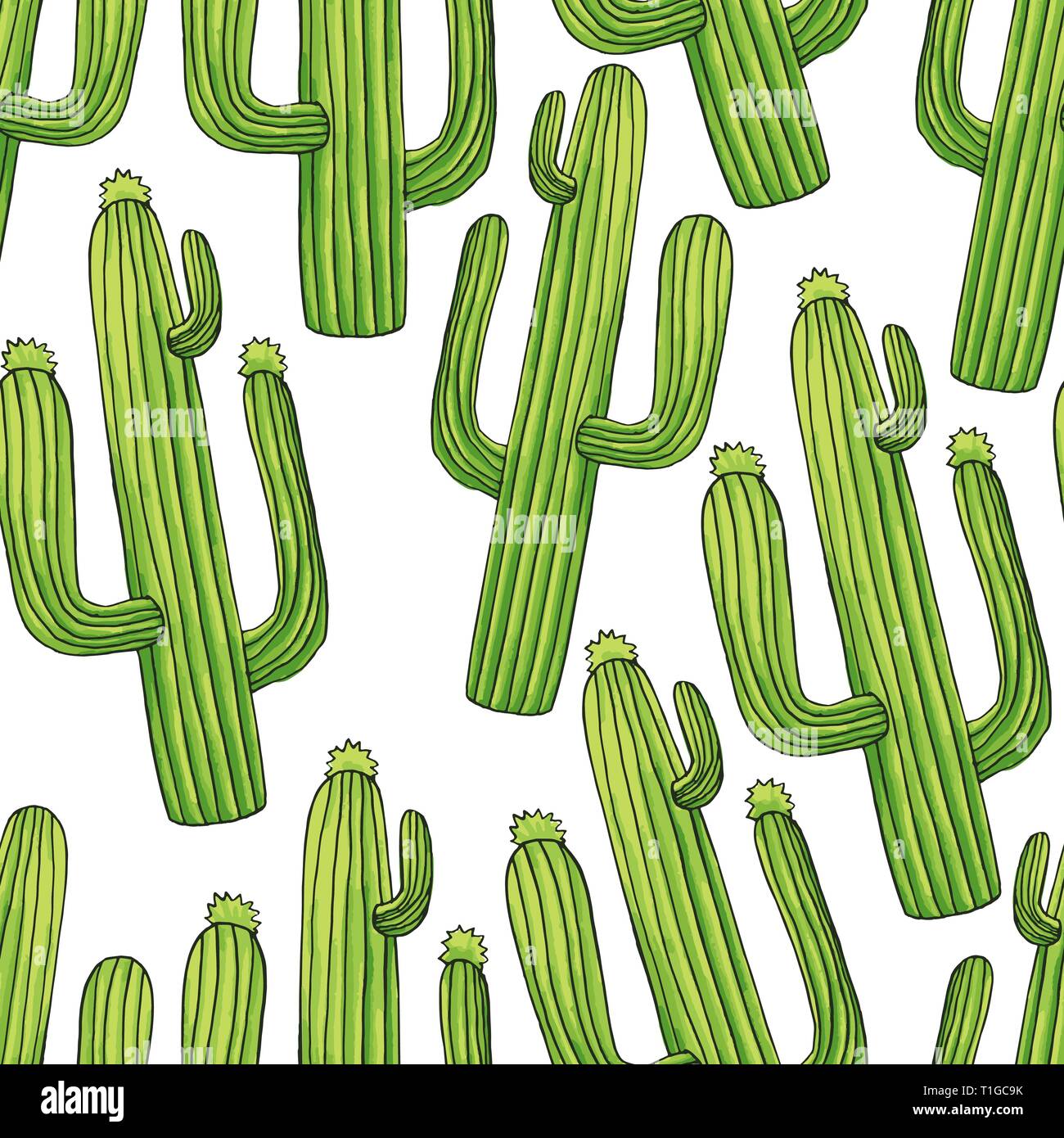 Exotic green cactuses seamless pattern. Tropic succulents and flowering plants. Mexican style background with plants, cartoon drawing. Succulent wrapping paper flat vector fill Stock Vector